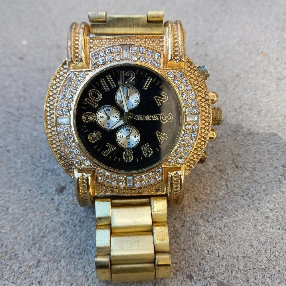 Mens GENEVA Oversized Wrist Watch Gold Rapper Bling Bling